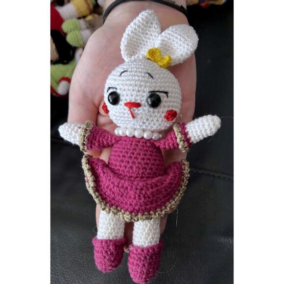 Handmade Crochet Bunny Doll Pink Dress Pearl Necklace Amigurumi Toy